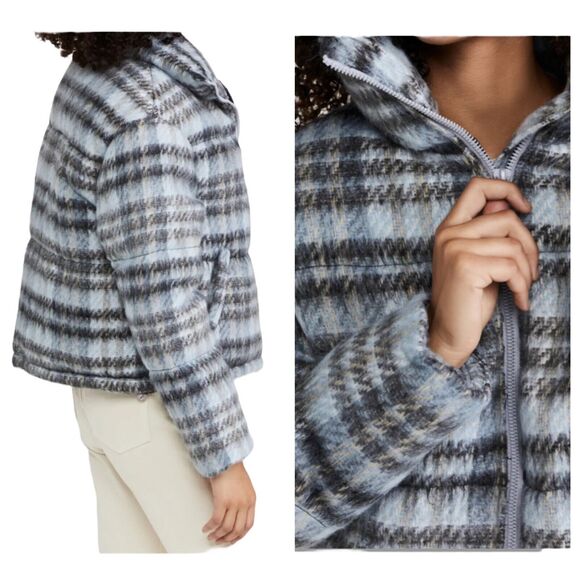 APPARIS Josh Cropped Puffer Jacket Womens SZ XS Blue Black Plaid Faux Fur Lined - Picture 3 of 11